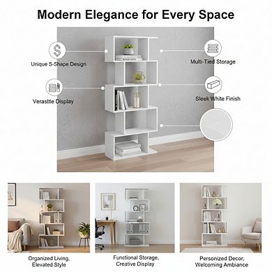 ZUQIETA 5-Tier Wooden Bookcase, Freestanding Room Divider & Display Shelf, White