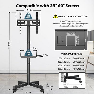 ZUQIETA Mobile TV Stand with Tilt & Locking Wheels - for 23-60” TVs up to 88 lbs, Black