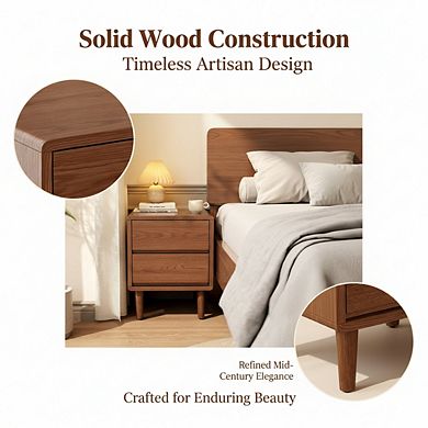 ZUQIETA Solid Wood Mid-Century Nightstand with Drawers, Walnut Bedside Table for Bedroom & Office