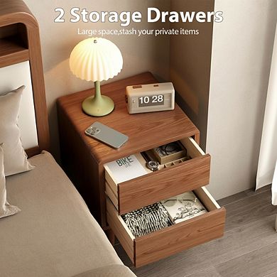 ZUQIETA Solid Wood Mid-Century Nightstand with Drawers, Walnut Bedside Table for Bedroom & Office