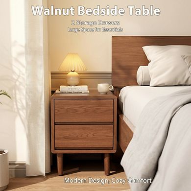 ZUQIETA Solid Wood Mid-Century Nightstand with Drawers, Walnut Bedside Table for Bedroom & Office