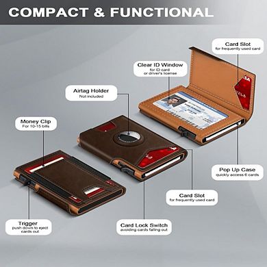 ZUQIETA AirTag Wallet for Men - Aluminum Pop-Up Card Case with RFID & ID Window