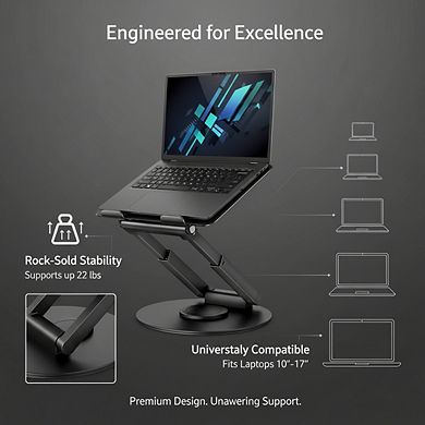 KSIZUIS 360° Rotating Laptop Stand - Telescopic Height Adjustable Riser for Sit-Stand Posture, Black