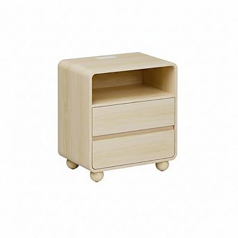 ZUQIETA Modern Wood Nightstand with Drawers & Charging Station, Curved Profile, Natural