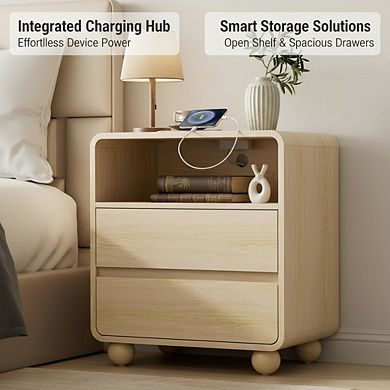 ZUQIETA Modern Wood Nightstand with Drawers & Charging Station, Curved Profile, Natural