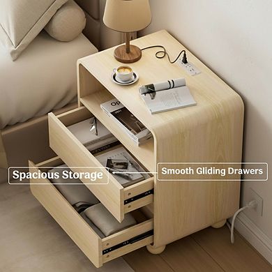 ZUQIETA Modern Wood Nightstand with Drawers & Charging Station, Curved Profile, Natural