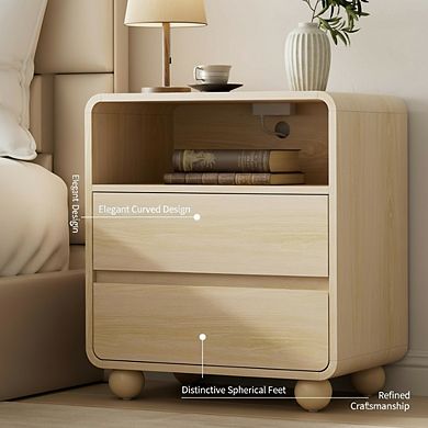 ZUQIETA Modern Wood Nightstand with Drawers & Charging Station, Curved Profile, Natural