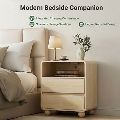 ZUQIETA Modern Wood Nightstand with Drawers & Charging Station, Curved Profile, Natural