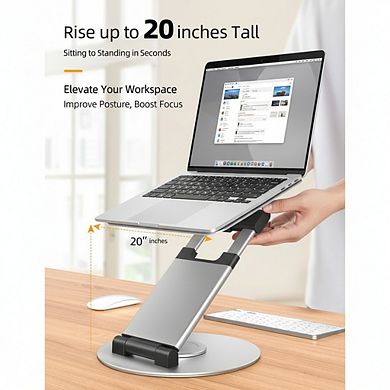 KSIZUIS 360° Rotating Laptop Stand - Telescopic & Pull-Out Height Adjustable Riser, Silver