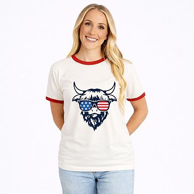 Patriotic Cow Sunglasses - Women's Ringer Graphic T-Shirt