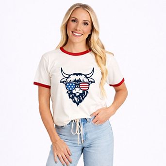 Patriotic Cow Sunglasses - Women's Ringer Graphic T-Shirt
