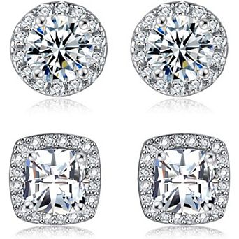 ZUQIETA CZ Halo Stud Earrings - 18K White Gold Plated (2-Pair Set)