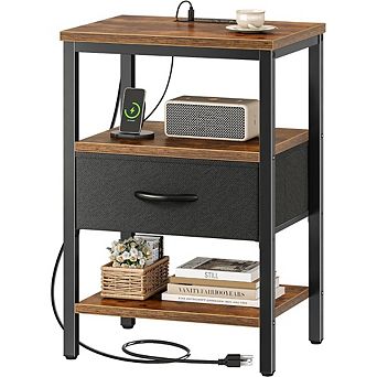 ZUQIETA Adjustable Charging Nightstand - 3 tier Storage with Fabric Drawer, Rustic Brown/Black