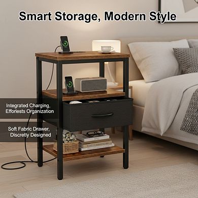 ZUQIETA Adjustable Charging Nightstand - 3-Tier Storage with Fabric Drawer, Rustic Brown/Black
