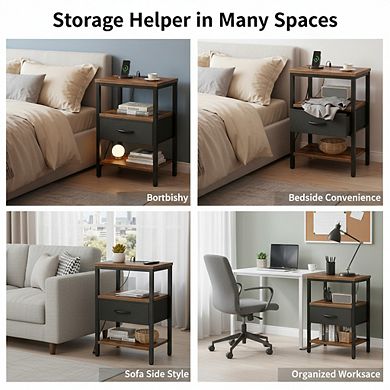 ZUQIETA Adjustable Charging Nightstand - 3-Tier Storage with Fabric Drawer, Rustic Brown/Black