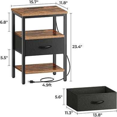ZUQIETA Adjustable Charging Nightstand - 3-Tier Storage with Fabric Drawer, Rustic Brown/Black