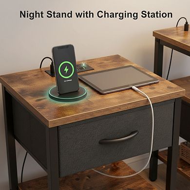 ZUQIETA Adjustable Charging Nightstand - 3-Tier Storage with Fabric Drawer, Rustic Brown/Black