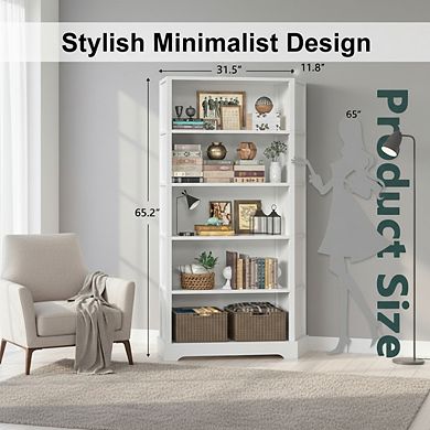 ZUQIETA 5-Tier Solid Wood Bookcase, 65" Farmhouse Floor Shelf for Living Room, Study Office