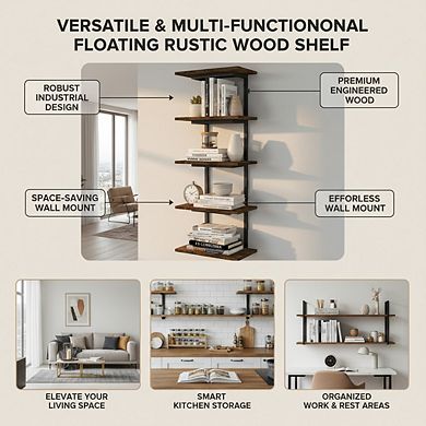 ZUQIETA 5-Tier Wall Mounted Bookshelf, Large Floating Rustic Wood Shelf for Living Room, Kitchen