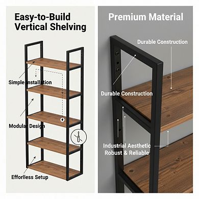 ZUQIETA 5-Tier Wall Mounted Bookshelf, Large Floating Rustic Wood Shelf for Living Room, Kitchen