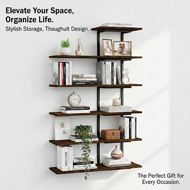 ZUQIETA 5-Tier Wall Mounted Bookshelf, Large Floating Rustic Wood Shelf for Living Room, Kitchen