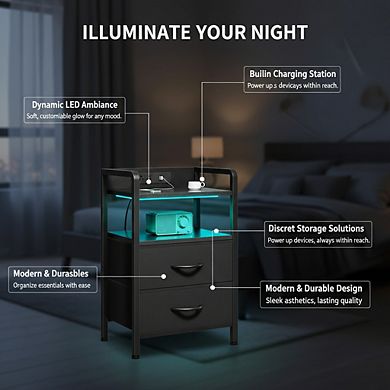 ZUQIETA All-in-One Charging Nightstand - with AC Outlets, USB Ports & LED Light Strip