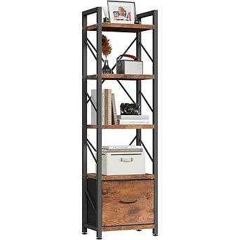 ZUQIETA 5 tier Industrial Bookcase with Drawer, Rustic Brown Storage Shelf for Bedroom, Living Room