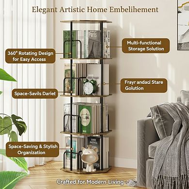 ZUQIETA 4-Tier 360° Rotating Bookshelf, Hexagonal Spinning Corner Storage Carousel for Living Room