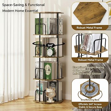 ZUQIETA 4-Tier 360° Rotating Bookshelf, Hexagonal Spinning Corner Storage Carousel for Living Room