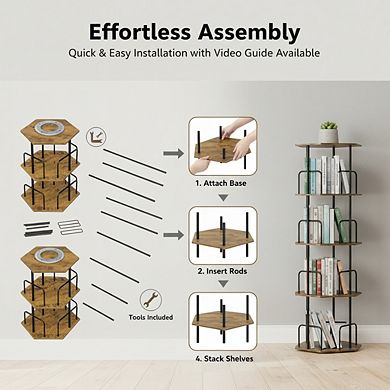 ZUQIETA 4-Tier 360° Rotating Bookshelf, Hexagonal Spinning Corner Storage Carousel for Living Room