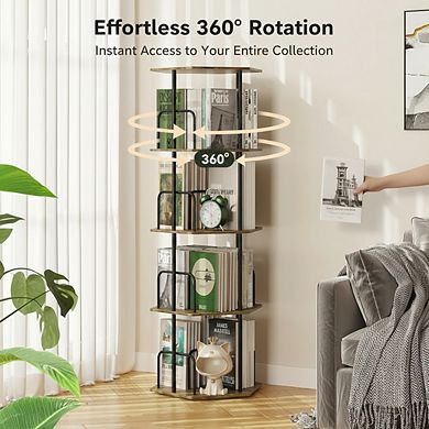 ZUQIETA 4-Tier 360° Rotating Bookshelf, Hexagonal Spinning Corner Storage Carousel for Living Room