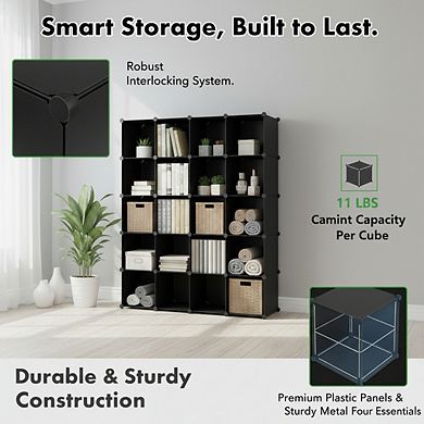 ZUQIETA 16-Cube Modular Storage System - DIY Plastic Organizer Units, Black, 48.4”H