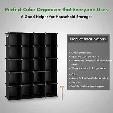 ZUQIETA 16-Cube Modular Storage System - DIY Plastic Organizer Units, Black, 48.4”H