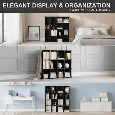 ZUQIETA 16-Cube Modular Storage System - DIY Plastic Organizer Units, Black, 48.4”H