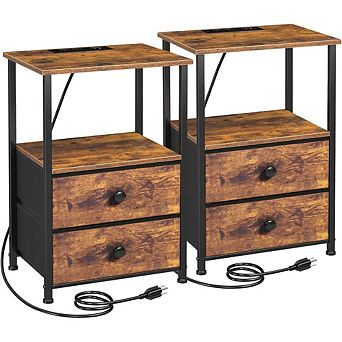 ZUQIETA Nightstand Set with Charging Station - 2 Fabric Drawer Side Tables, Rustic Brown