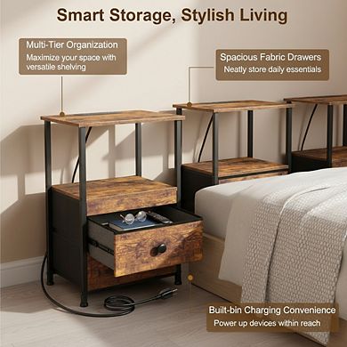 ZUQIETA Nightstand Set with Charging Station - 2 Fabric Drawer Side Tables, Rustic Brown