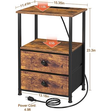 ZUQIETA Nightstand Set with Charging Station - 2 Fabric Drawer Side Tables, Rustic Brown