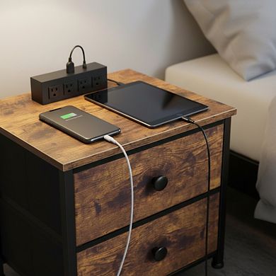 ZUQIETA Nightstand Set with Charging Station - 2 Fabric Drawer Side Tables, Rustic Brown