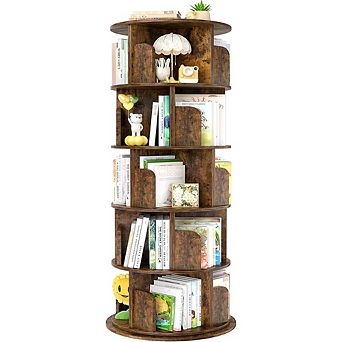 ZUQIETA 5 tier 360° Rotating Bookshelf, Rustic Brown Wood Spinning Tower for Small Spaces, Study