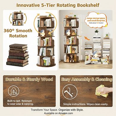 ZUQIETA 5-Tier 360° Rotating Bookshelf, Rustic Brown Wood Spinning Tower for Small Spaces, Study