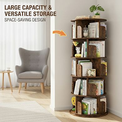 ZUQIETA 5-Tier 360° Rotating Bookshelf, Rustic Brown Wood Spinning Tower for Small Spaces, Study