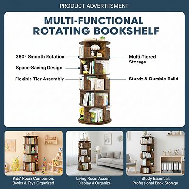ZUQIETA 5-Tier 360° Rotating Bookshelf, Rustic Brown Wood Spinning Tower for Small Spaces, Study