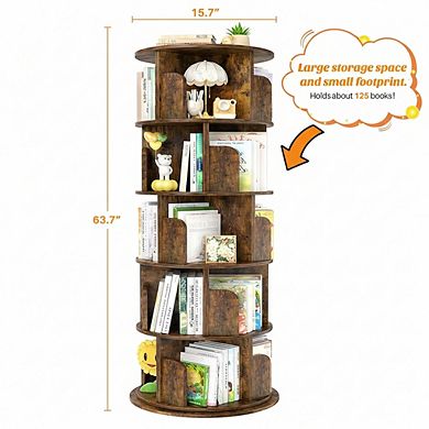 ZUQIETA 5-Tier 360° Rotating Bookshelf, Rustic Brown Wood Spinning Tower for Small Spaces, Study