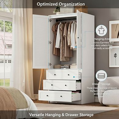 ZUQIETA 69.5"White Louvered Armoire with 2 Doors & Drawers,Large Capacity Wooden Wardrobe