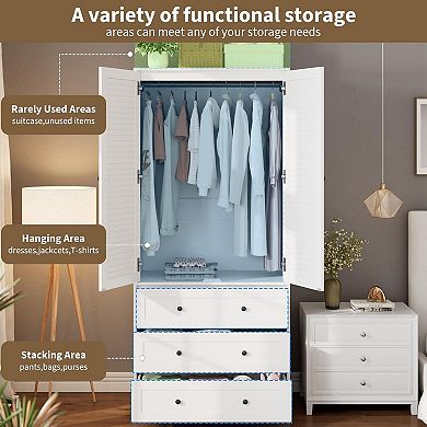 ZUQIETA 69.5"White Louvered Armoire with 2 Doors & Drawers,Large Capacity Wooden Wardrobe
