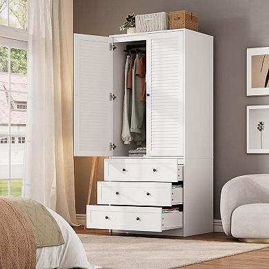 ZUQIETA 69.5"White Louvered Armoire with 2 Doors & Drawers,Large Capacity Wooden Wardrobe