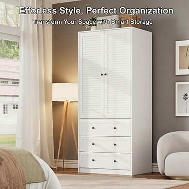 ZUQIETA 69.5"White Louvered Armoire with 2 Doors & Drawers,Large Capacity Wooden Wardrobe