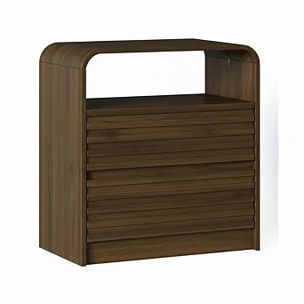 ZUQIETA Fluted Nightstand Set of 2 with Charging Station&Drawers, 24"Wide Walnut Mid-Century Modern
