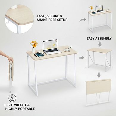 KSIZUIS Foldable Desk 31.5" - Space Saving Folding Table for Home Office, Easy Assembly, Oak