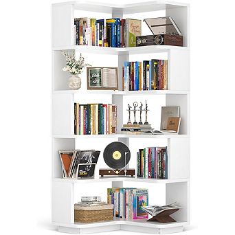 ZUQIETA 6-Shelf Corner Etagere Bookcase, L-Shaped Freestanding Display Shelf for Home Office